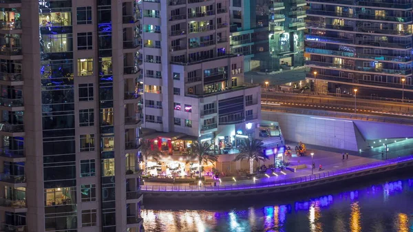 Vue Aérienne Sur Dubai Marina Éclairé Gratte Ciel Nombreux Restaurants — Photo