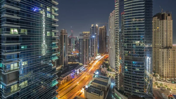 Vista Área Dubai Marina Jbr Tráfego Rua Noite Aérea Transição — Fotografia de Stock