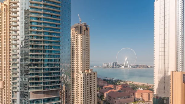 Panoramic View Jbr Area Famous Ferris Wheel Aerial Morning Timelapse — Stock Photo, Image