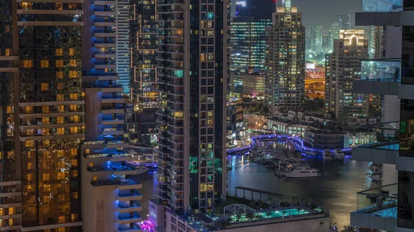 Vue Aérienne Sur Dubai Marina Éclairé Gratte Ciel Yacht Luxueux — Photo
