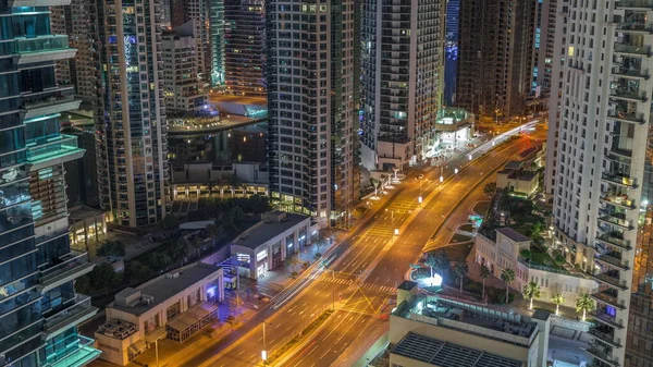 Vista Aerea Dubai Marina Grattacieli Illuminati Yacht Porto Notte Giorno — Foto Stock