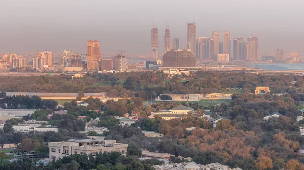 Dubai Creek Harbor Skyscrapers Towers Construction Aerial Timelapse Sunset Park — Stock Photo, Image