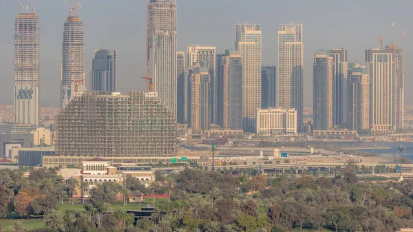 Dubai Creek Harbor Con Rascacielos Torres Construcción Timelapse Aéreo Parque —  Fotos de Stock