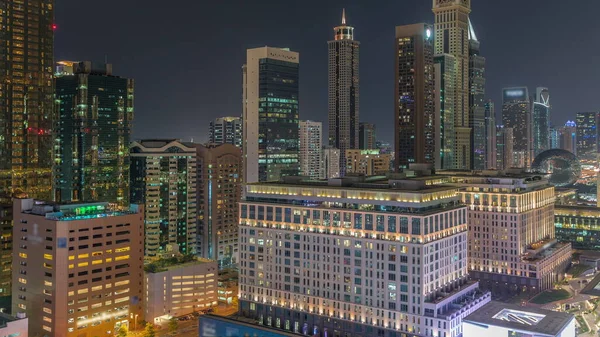 Dubai International Financial District Nachtelijke Tijdspanne Panoramisch Uitzicht Vanuit Lucht — Stockfoto