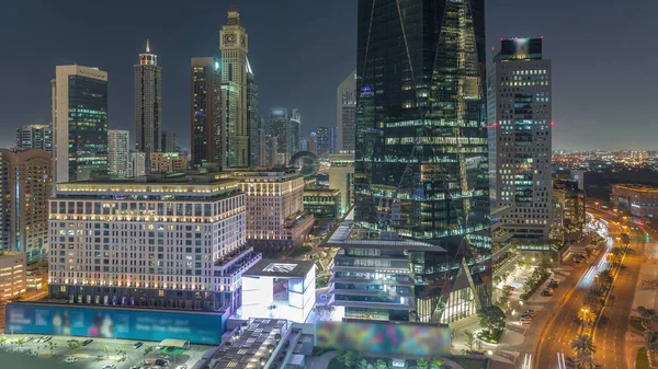 Dubai International Financial District Nacht Zeitraffer Luftaufnahme Von Bürotürmen Beleuchtete — Stockfoto