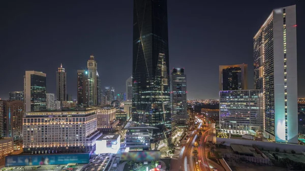 Dubai International Financial District Night Timelapse Inglés Vista Aérea Panorámica —  Fotos de Stock