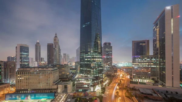Dubai International Financial District Night Day Transition Timelapse Panoramic Aerial — Stock Photo, Image