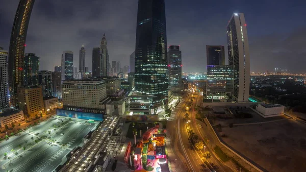 Panorama Dubai International Distrito Financiero Noche Día Timelapse Transición Vista —  Fotos de Stock