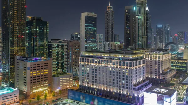 Dubai International Financial District Noite Timelapse Vista Aérea Torres Escritórios — Fotografia de Stock