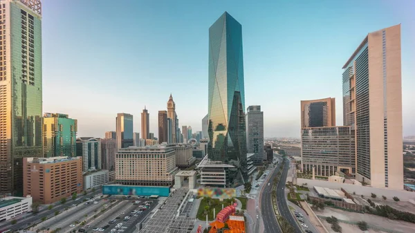 Dubai International Financial District Day Night Transition Timelapse Panoramic Aerial — Stockfoto