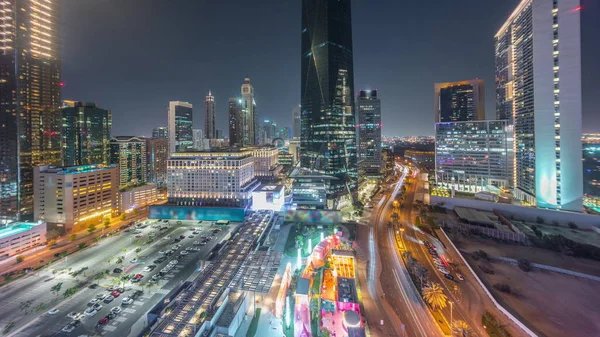 Dubai International Financial District Noc Timelapse Panoramiczny Widok Lotu Ptaka — Zdjęcie stockowe