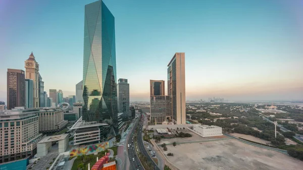 Dubai International Financial District Day Night Transition Timelapse Traffic Street — Fotografia de Stock