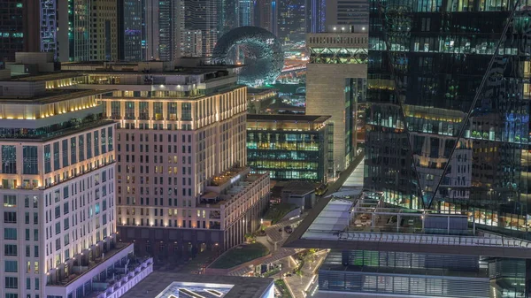 Dubai International Financial District Νύχτα Timelapse Αεροφωτογραφία Των Πύργων Γραφείων — Φωτογραφία Αρχείου