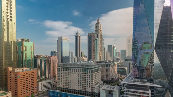 Dubais Internationella Finansdistrikts Timelapse Panoramautsikt Över Affärs Och Ekonomikontorstorn Skyskrapor — Stockfoto