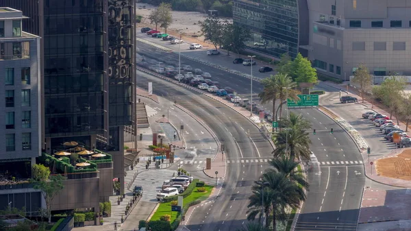 Skyline View Traffic Saada Street Difc District Timelapse Dubai Uae — Stock Photo, Image