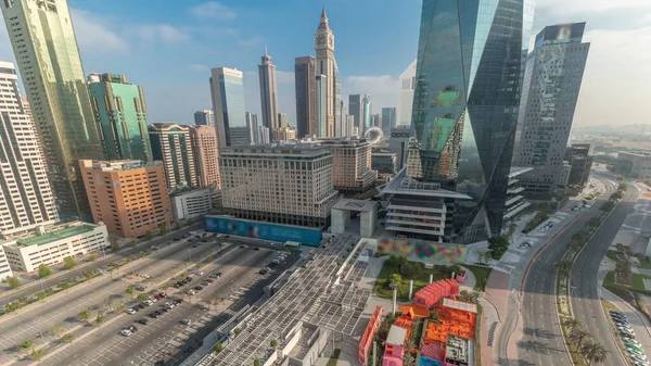 Distrito Financiero Internacional Dubai Gran Estacionamiento Timelapse Aéreo Vista Panorámica —  Fotos de Stock