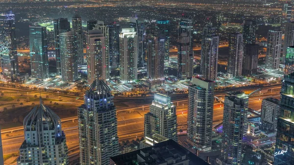 Dubai Marina Jlt District Traffic Highway Skyscrapers Aerial Night Timelapse — Stock Photo, Image