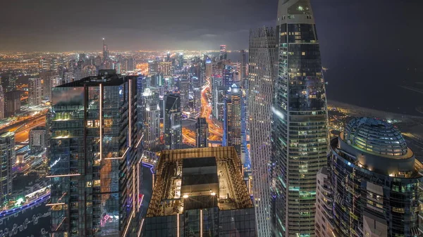 Skyline Panoramisch Uitzicht Dubai Marina Tonen Kanaal Omgeven Door Verlichte — Stockfoto