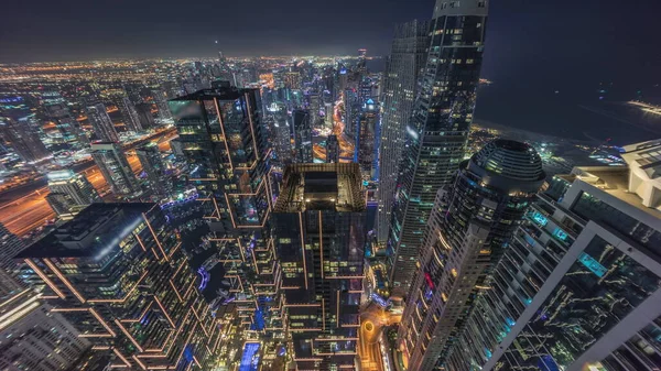 Skyline Panorámás Kilátás Dubai Marina Mutatja Csatorna Körül Megvilágított Felhőkarcolók — Stock Fotó