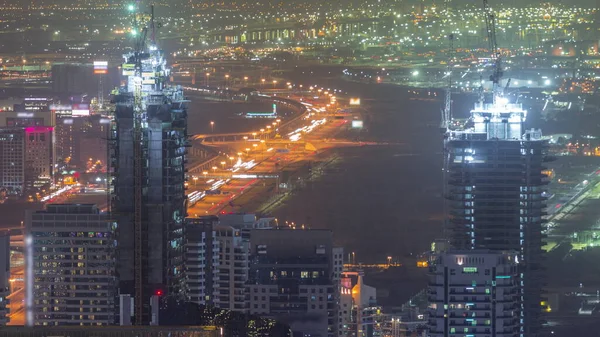 Vista Panorâmica Horizonte Marina Dubai Com Arranha Céus Iluminados Cronograma — Fotografia de Stock