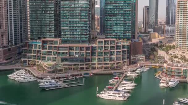 Paseo marítimo con palmeras en Dubai Marina timelapse aéreo. — Vídeos de Stock