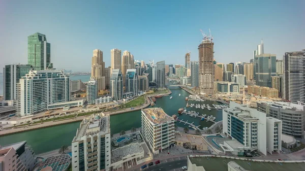 Dubai Marina Med Flera Båt Och Båtar Parkerade Hamnen Och — Stockfoto