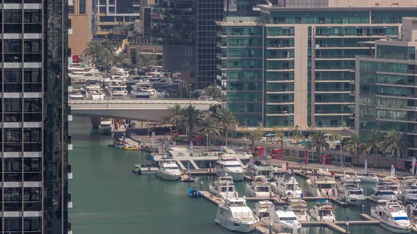 Many Yachts Boats Parked Harbor Aerial Timelapse Dubai Marina Waterfront — Stock Photo, Image