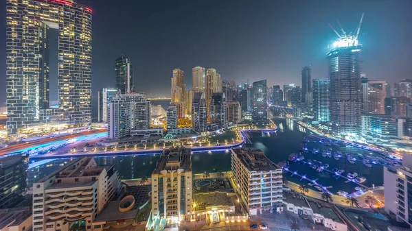 Dubai Marina Panorama Boats Yachts Parked Harbor Illuminated Skyscrapers Canal — Stock Photo, Image