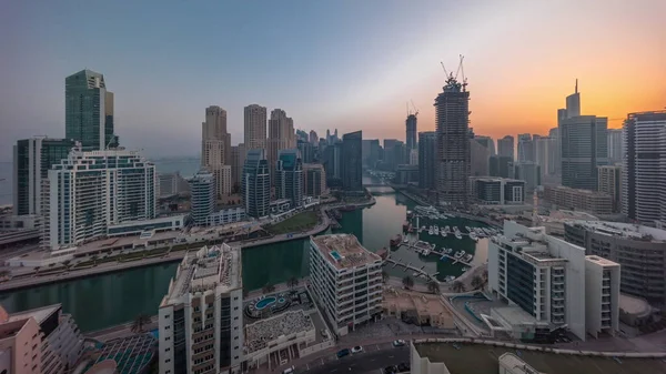 Dubai Marina Boats Yachts Parked Harbor Skyscrapers Canal Aerial Timelapse — Stock Photo, Image
