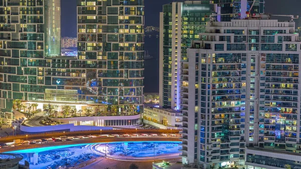 Modern Skyscrapers Dubai Marina Close View Many Illuminated Windows Aerial — Stock Photo, Image