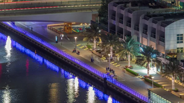 Dubai Marina Strandpromenad Och Stadens Strandpromenad Antenn Natt Timelapse Skyskrapor — Stockfoto