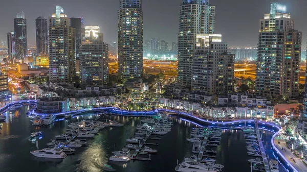 Luxury Yacht Bay City Aerial Night Timelapse Dubai Marina Arranha — Fotografia de Stock