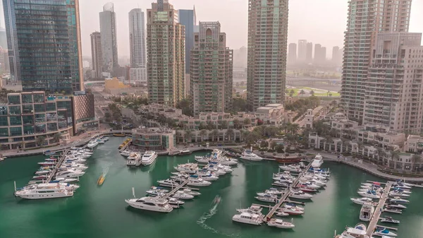 Baie Yacht Luxe Dans Ville Timelapse Aérien Dans Marina Dubaï — Photo