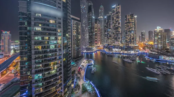 Dubai Marina Tallest Skyscrapers Lights Windows Yachts Harbor Aerial Night — Stock Photo, Image
