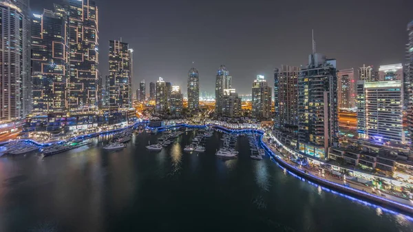 Luxusní Jachta Záliv Městě Letecké Noci Panoramatický Timelapse Dubajském Přístavu — Stock fotografie