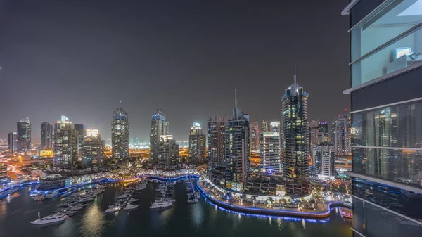 Розкішна Яхтова Бухта Міському Повітряному Нічному Таймелапсі Дубаї Сучасні Хмарочоси — стокове фото
