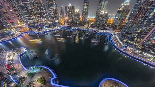 Bahía Yates Lujo Timelapse Noche Aérea Ciudad Dubai Marina Mirar —  Fotos de Stock