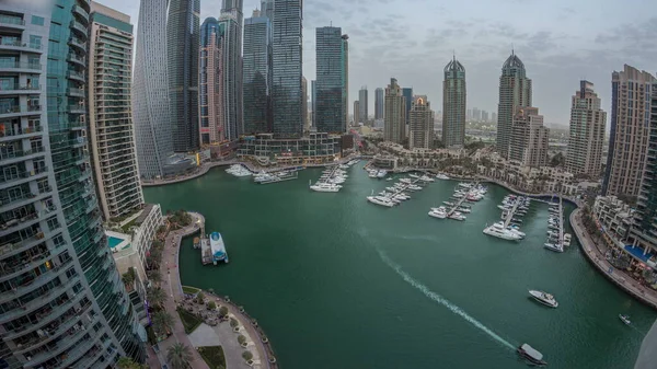 Dubai Marina Tallest Skyscrapers Panorama Yachts Harbor Aerial Day Night — Stockfoto