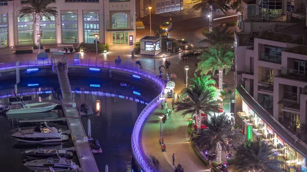 Uferpromenade Mit Palmen Dubai Marina Antenne Zeitraffer Nacht Yachten Und — Stockfoto