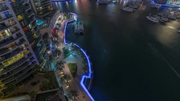 Passeio Marítimo Com Palmeiras Dubai Marina Noite Timelapse Olhe Para — Fotografia de Stock