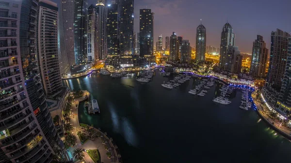 Dubai Marina Tallest Skyscrapers Yachts Harbor Aerial Night Day Transition — Stock Photo, Image