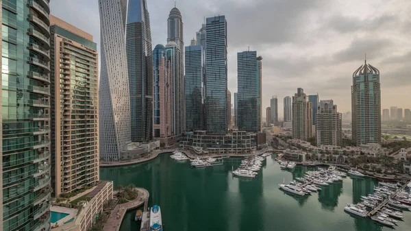 Dubai Marina Tallest Skyscrapers Yachts Harbor Aerial Timelapse Morning Warm — Stockfoto