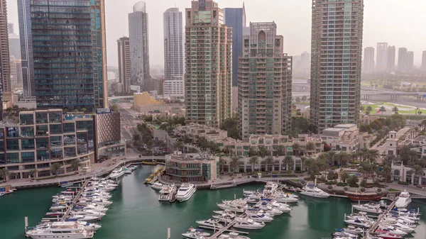 Luxury Yacht Bay City Aerial Timelapse Dubai Marina Morning Sunrise — Stock Photo, Image
