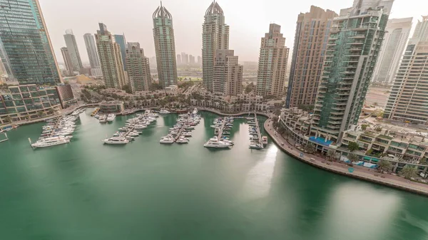 Luxury Yacht Bay City Aerial Timelapse Dubai Marina Morning Sunrise — Stock Photo, Image