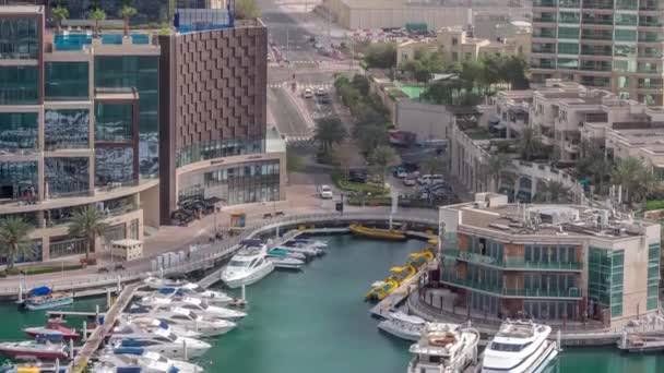 Waterfront promenade with palms in Dubai Marina aerial timelapse. — Stock Video