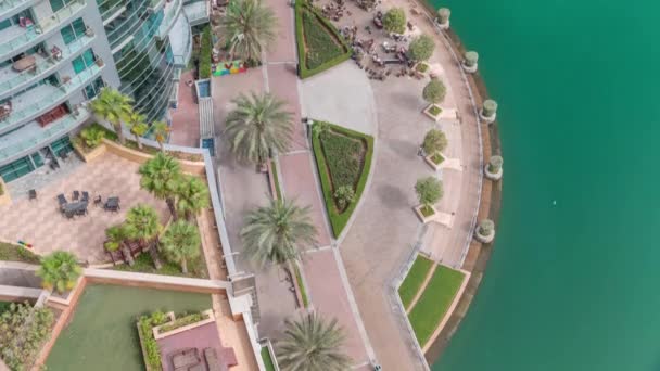 Uferpromenade mit Palmen in Dubai Marina im Zeitraffer. — Stockvideo