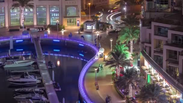 Promenade au bord de l'eau avec palmiers à Dubai Marina timelapse de nuit aérienne. — Video