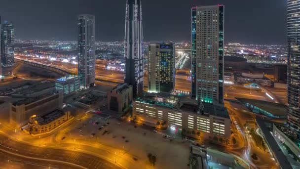 Sky view to skyscrapers in Dubai downtown aerial timelapse. — Stock Video