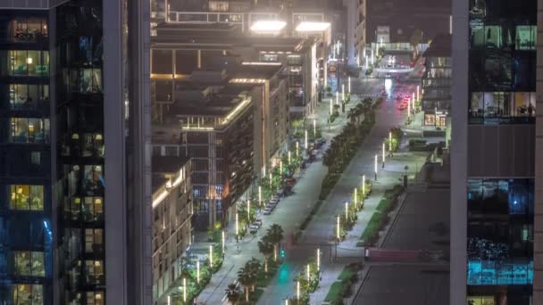 City Walk district night timelapse from above, new urban area in Dubai downtown. — Vídeo de Stock