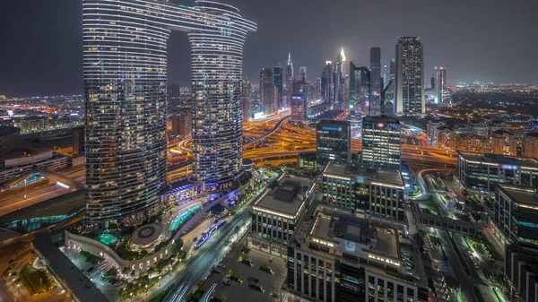 Futuriste Dubaï Centre Ville Quartier Financier Skyline Timelapse Nuit Aérienne — Photo
